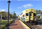 Southbound Sunrail Train # P329 arrives into the majestic station in Downtown Winter Park-I took this to the Orlando Health / Amtrak Station in Orlando